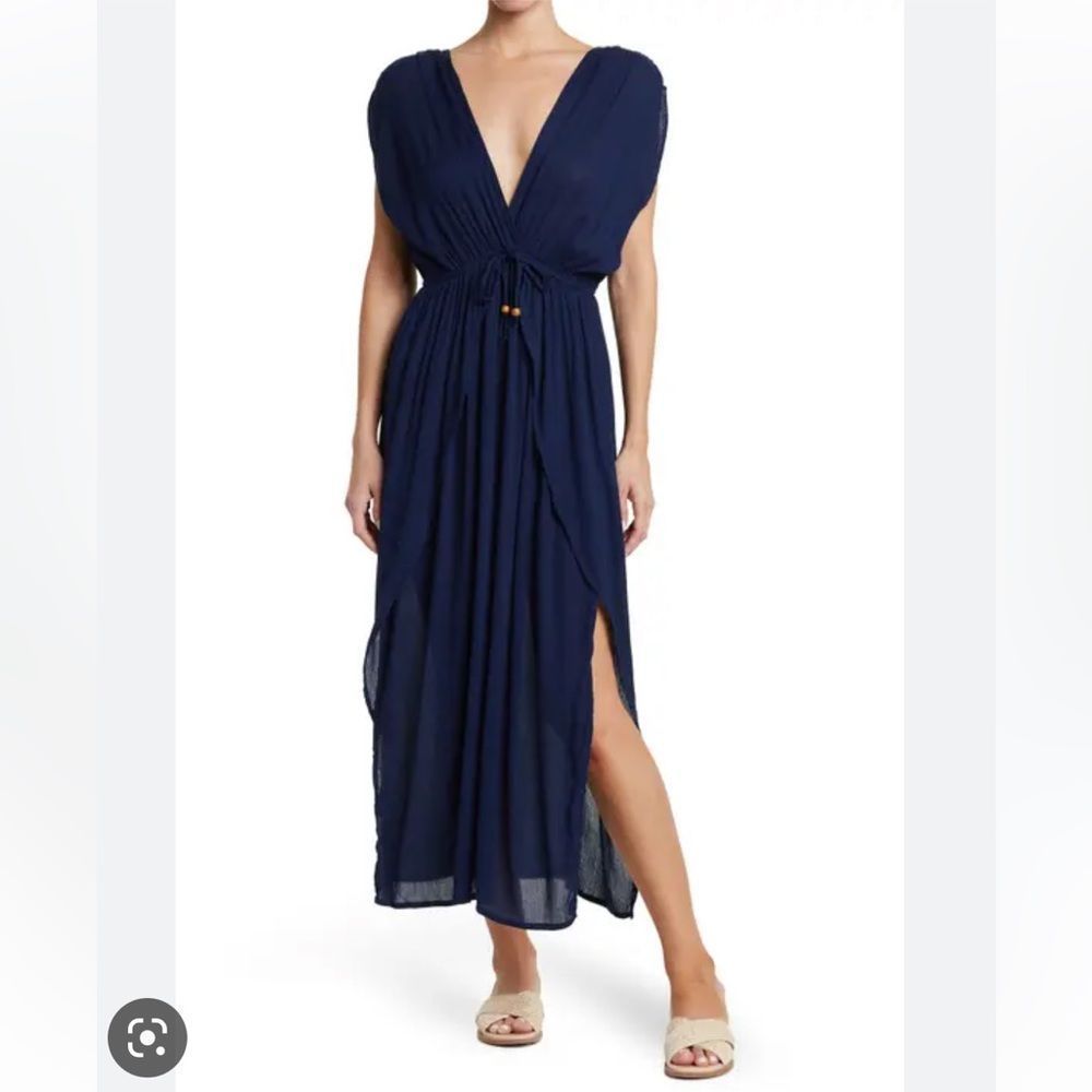 Women’s Navy V-Neck Beach Cover-Up Maxi Dress